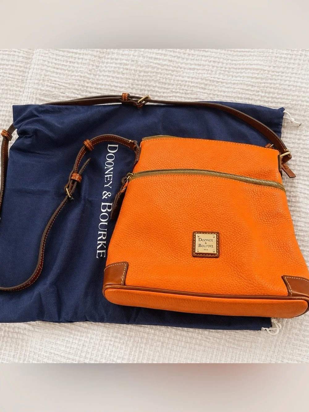 Dooney & Bourke Bright Orange Pebbled Leather Crossbody with Brown Trim